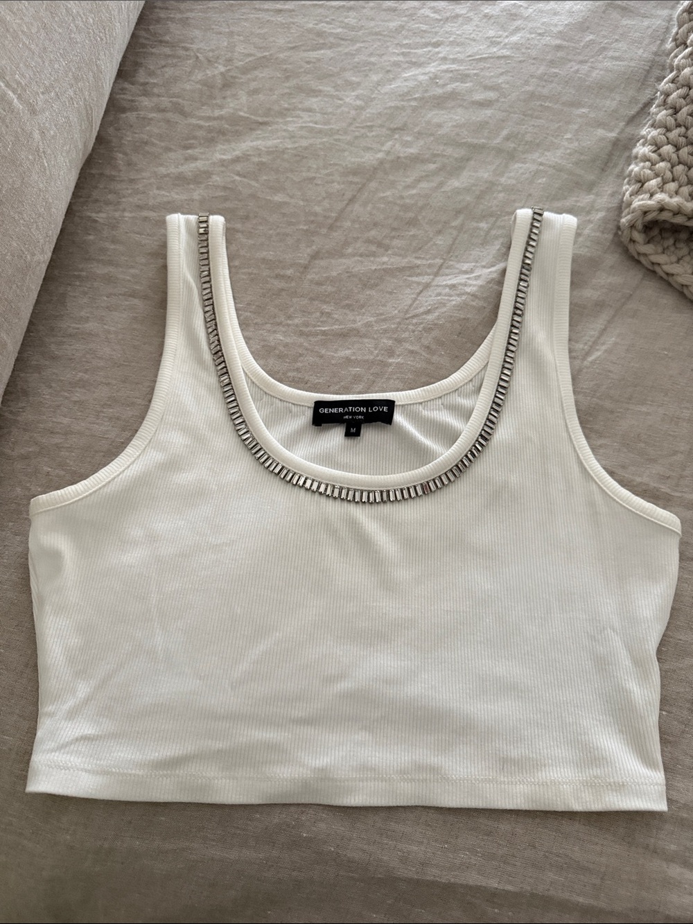 Generation Love Cream Ribbed Crop Tank with Silver Bead Trim
